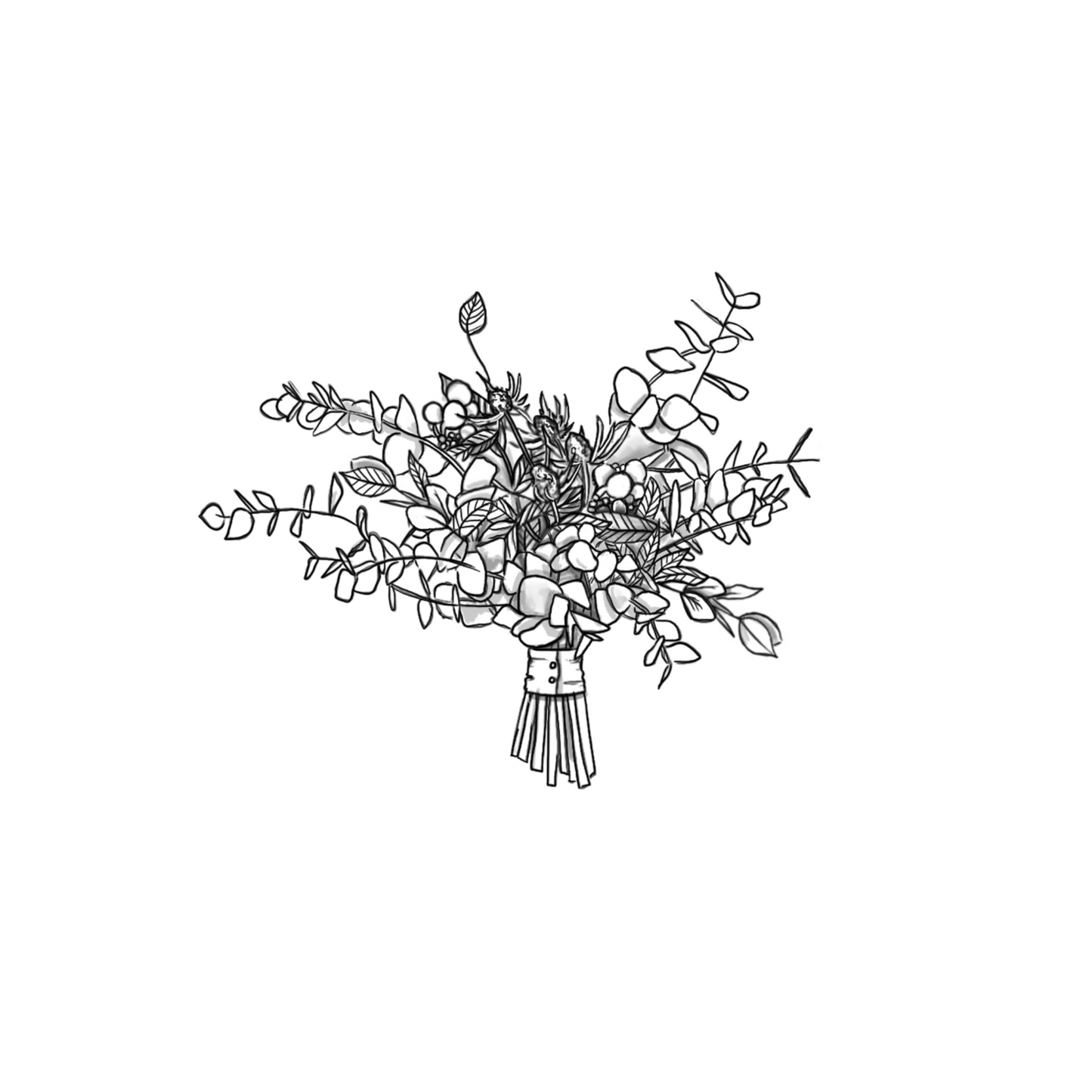 A black and white illustration of a hand-tied bouquet featuring eucalyptus leaves, berries, and various florals, showcasing intricate linework and detail.