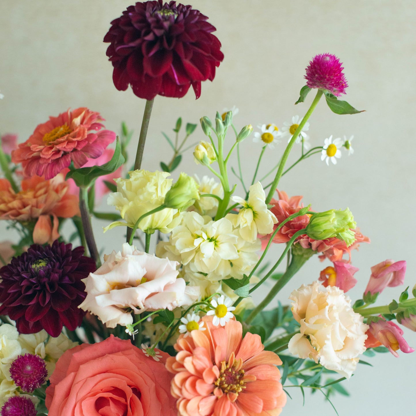 Colorful bouquet of flowers including dahlias and roses on a light background
