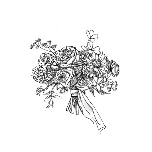 A detailed black-and-white illustration of a hand-tied bouquet featuring roses, dahlias, ranunculus, and foliage, accented with delicate ribbon.