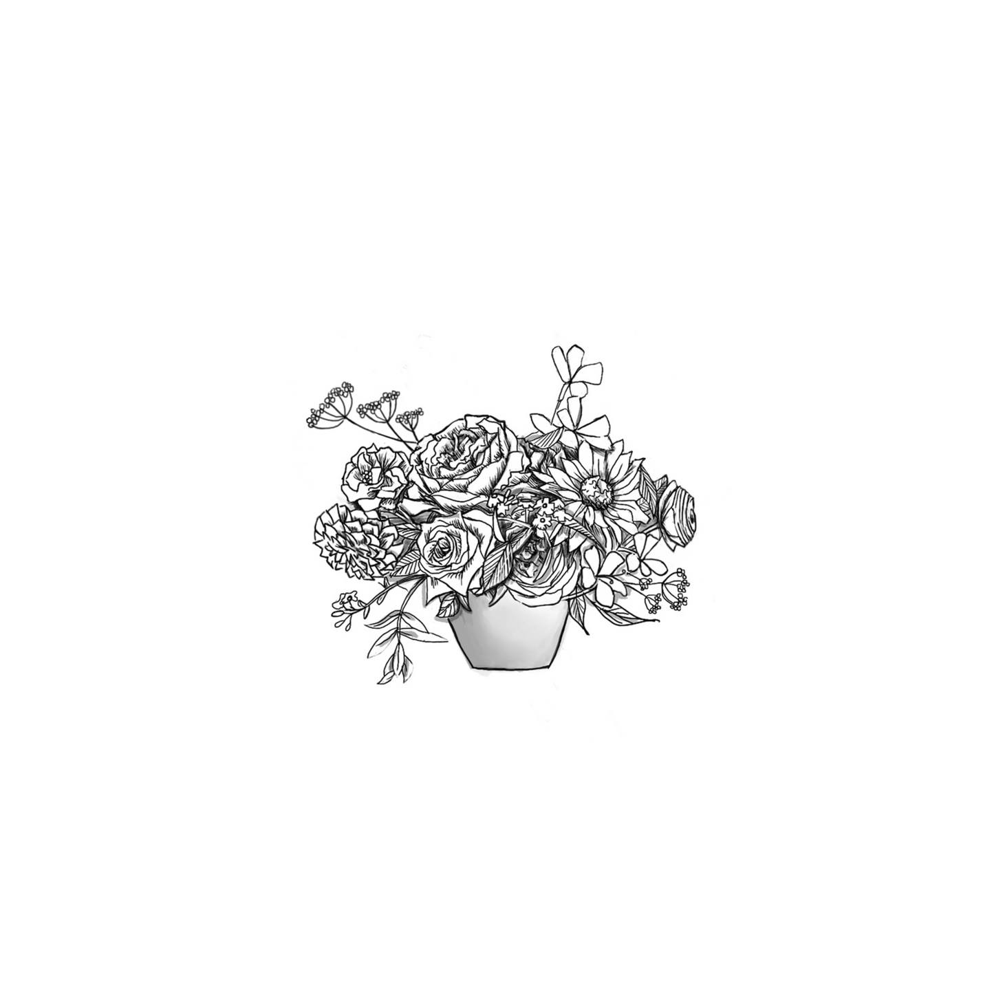 A black-and-white illustration of a lush floral arrangement in a vase, featuring roses, dahlias, daisies, ranunculus, and intricate foliage, showcasing a balanced and elegant design.