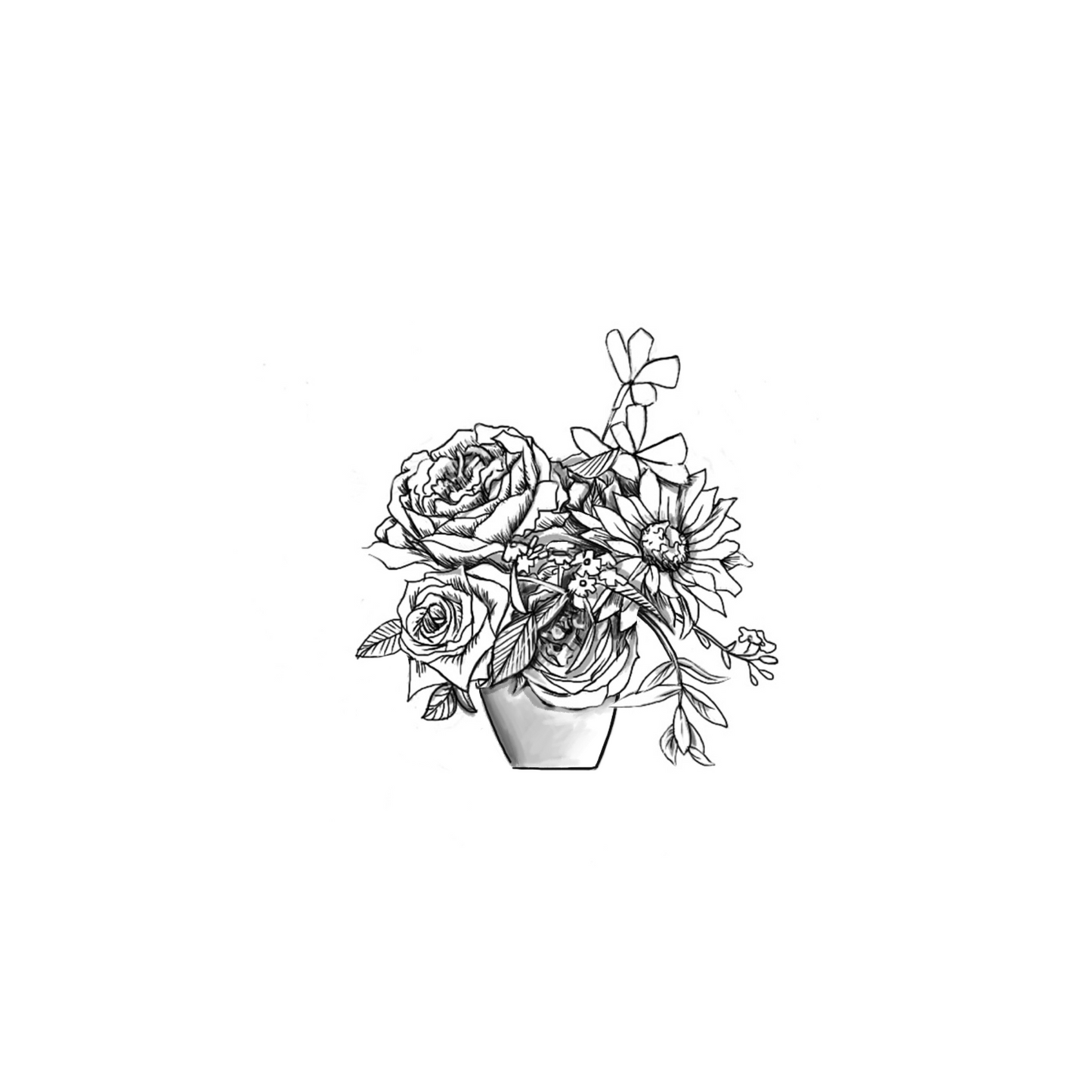 A black-and-white illustration of a floral arrangement in a vase, featuring roses, daisies, and delicate foliage for an elegant and timeless design.