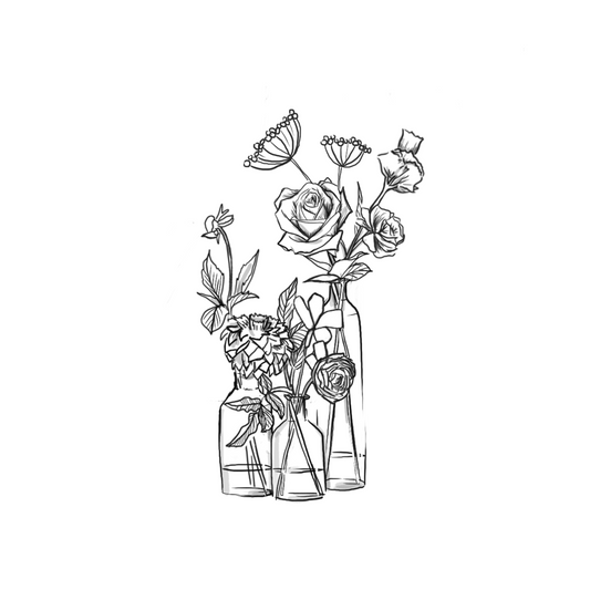 A black-and-white illustration of an arrangement of flowers displayed in various glass bottles, featuring roses, ranunculus, and delicate foliage for a charming and minimalist design.