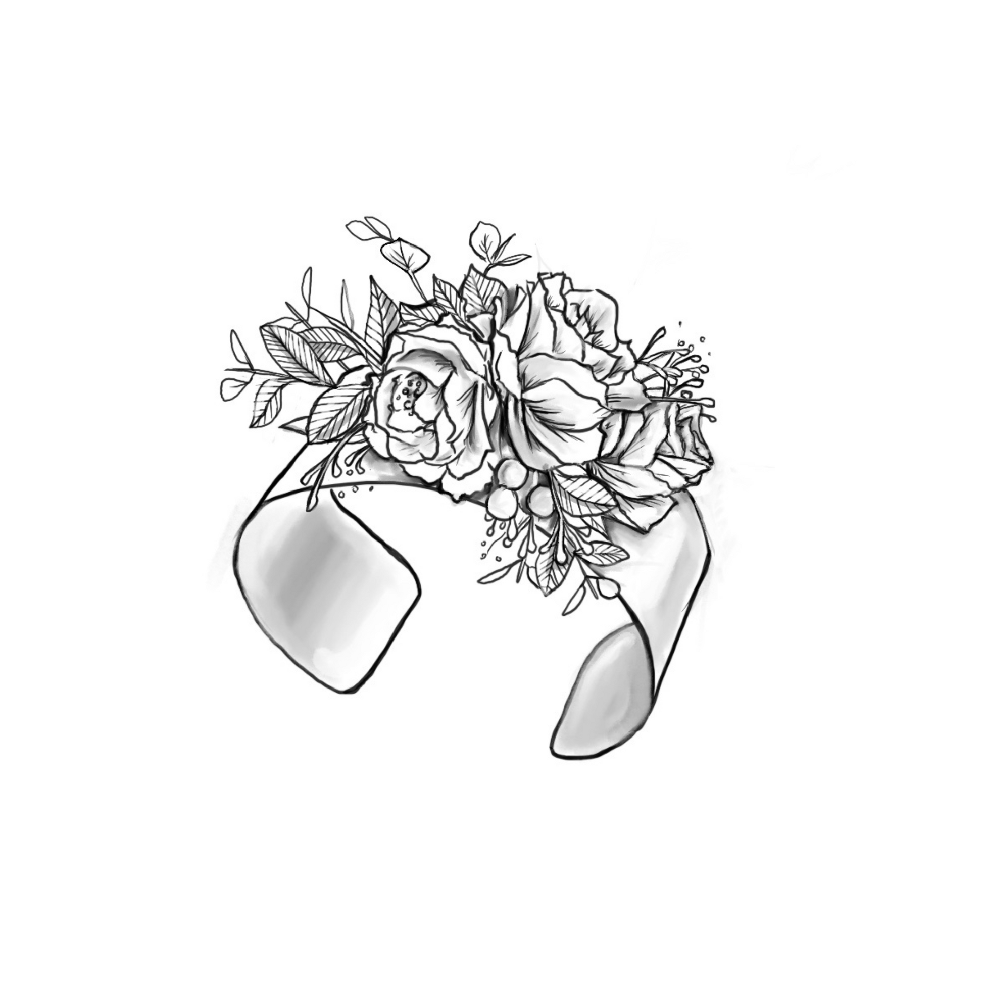 A black-and-white illustration of a floral corsage designed on a brass cuff, featuring roses, berries, and detailed foliage for a sophisticated and elegant accessory.