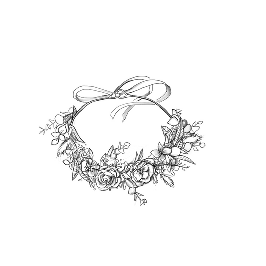 A black-and-white illustration of a floral crown featuring roses, delicate blooms, leaves, and foliage, tied with a flowing ribbon for an elegant and whimsical design.