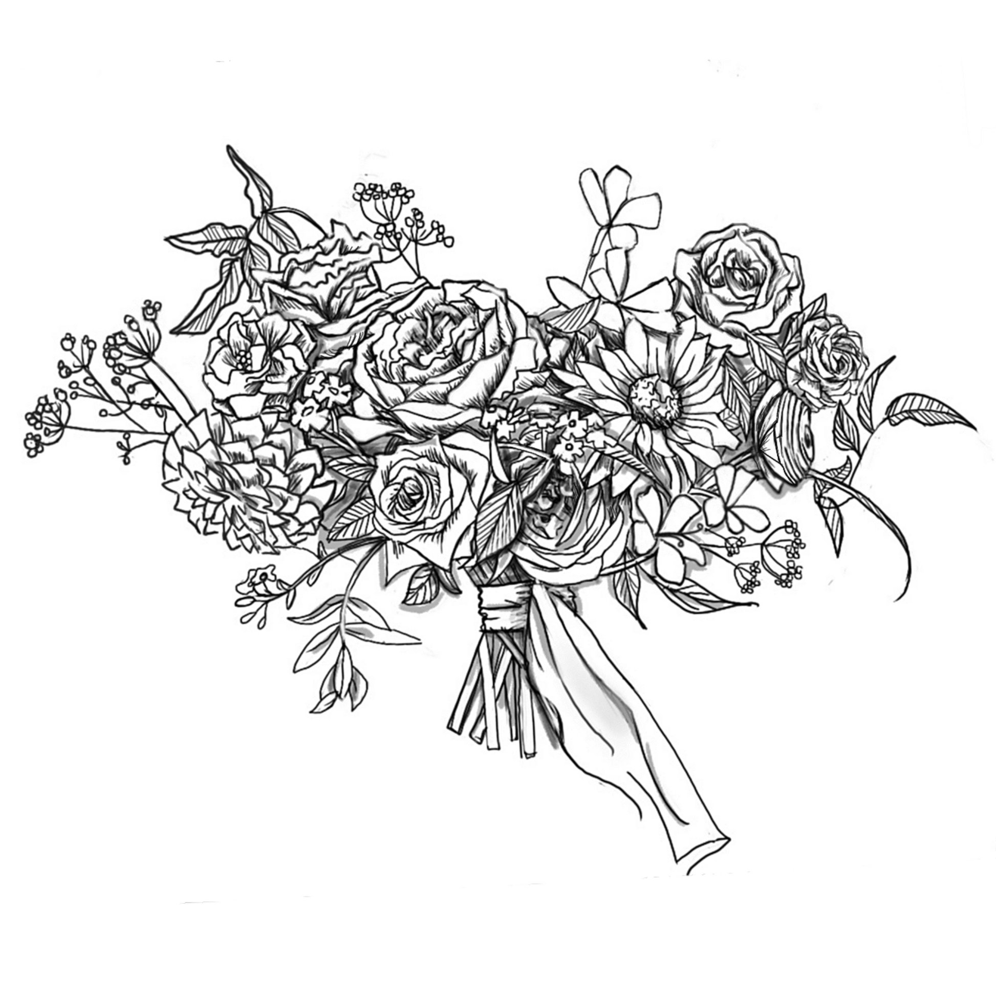 A detailed black-and-white illustration of an elongated hand-tied bouquet featuring roses, dahlias, ranunculus, and other florals with flowing ribbon and delicate foliage accents.