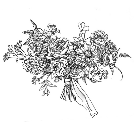 A detailed black-and-white illustration of an elongated hand-tied bouquet featuring roses, dahlias, ranunculus, and other florals with flowing ribbon and delicate foliage accents.