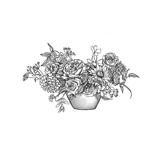 A black-and-white illustration of an expansive floral arrangement in a vase, featuring roses, dahlias, daisies, and lush foliage for an elegant and detailed design.