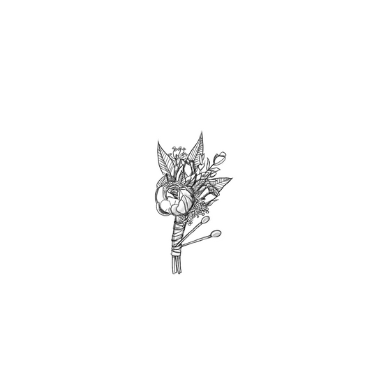 A black-and-white illustration of a minimalist boutonniere featuring a single ranunculus, buds, leaves, and small floral accents, tied with ribbon for a refined and elegant design.