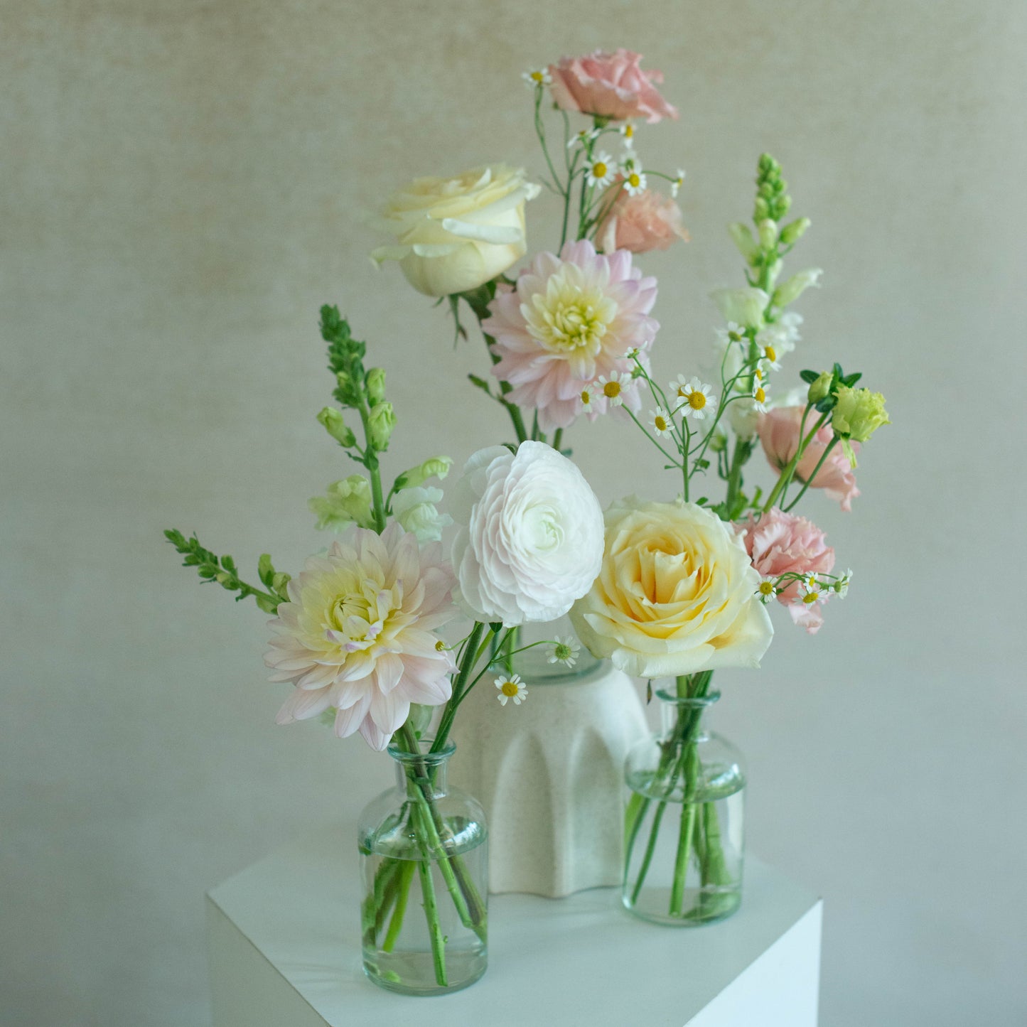 Three glass vases with flowers on a white surface against a light background