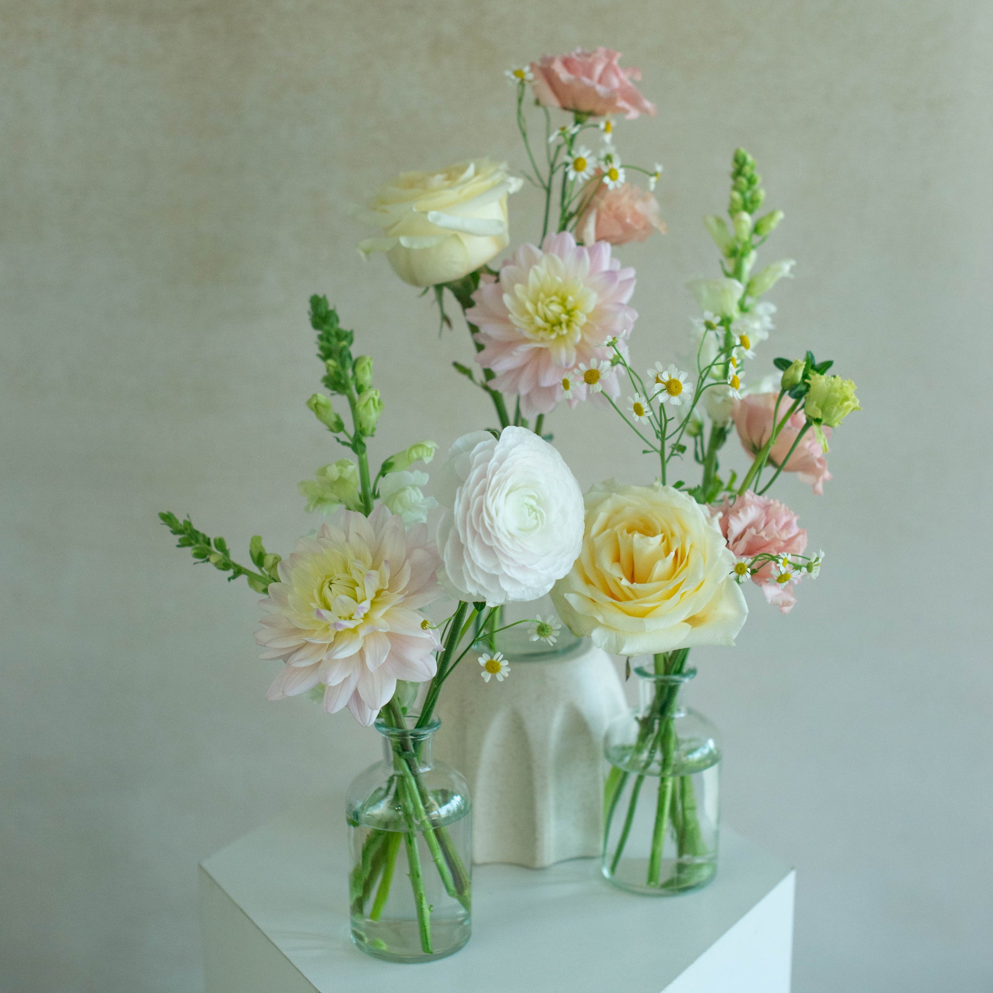 Three glass vases with flowers on a white surface against a light background