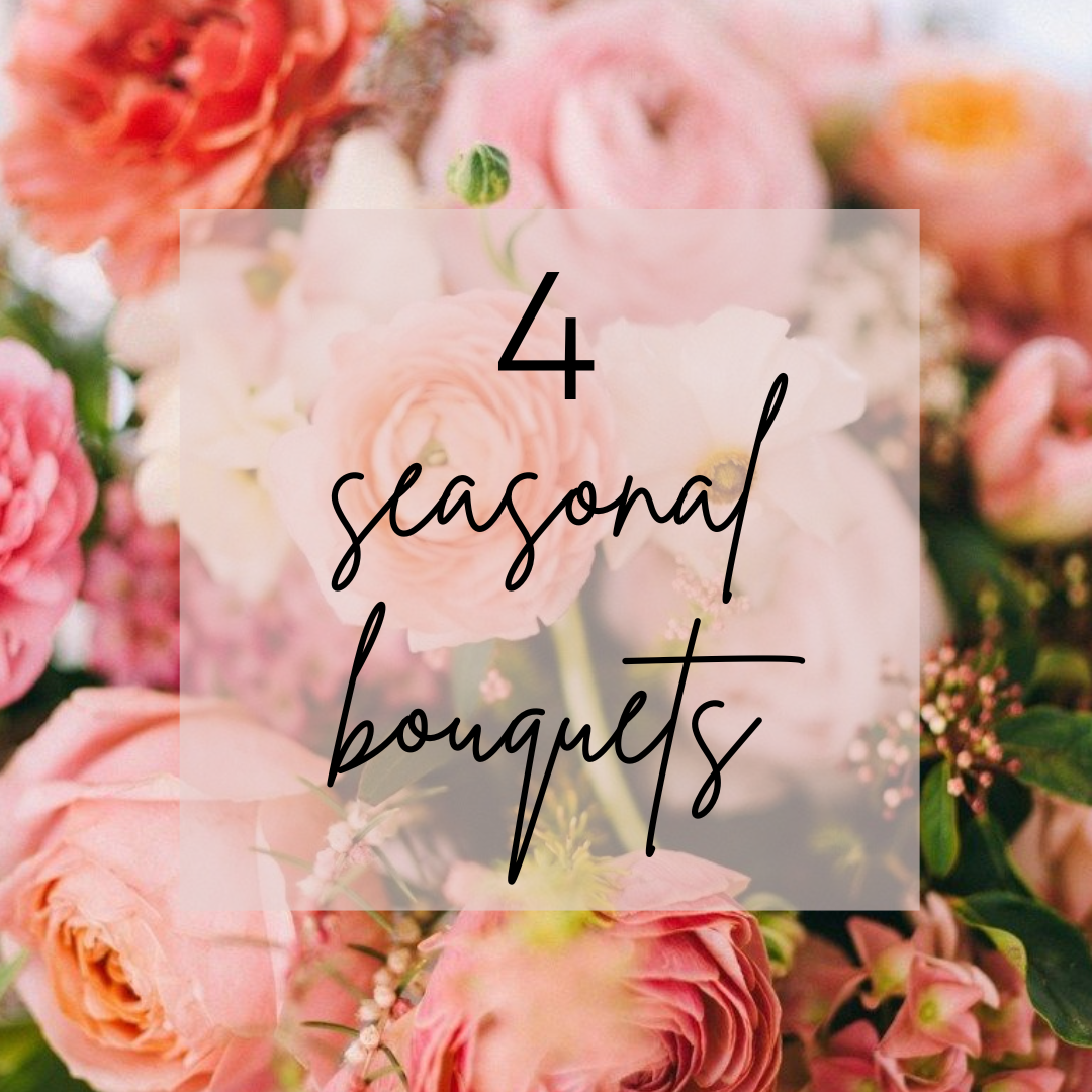 A soft floral background featuring blush pink roses with the text "4 seasonal bouquets" in an elegant font, highlighting curated bouquet options in subscriptions.