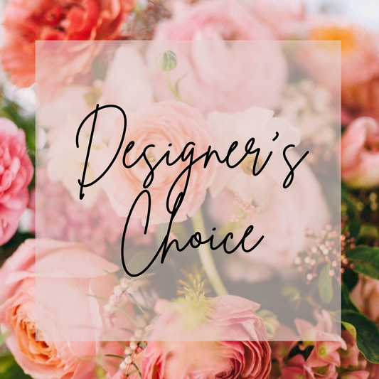 A floral arrangement with soft pink roses and lush greenery, highlighted by the text "Designer’s Choice" for a custom bouquet option tailored to the occasion.